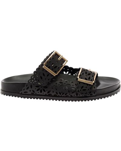 Twin Set Slip-On Slippers With Lace Effect Leather - Black