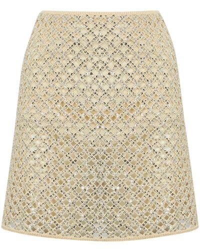 Twin Set Mesh Skirt With Sequins And Beads - Natural