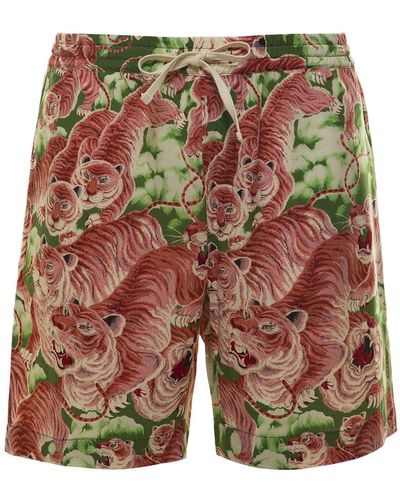 Pence Drawstring Shorts With All-Over Tiger Print - Red