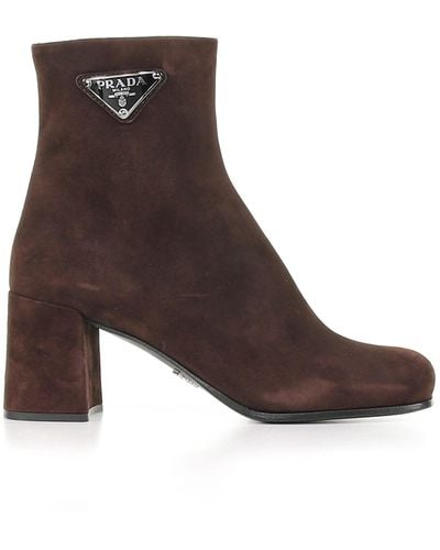 Prada Suede Ankle Boot With Heel - Brown