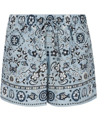 Tory Burch Printed Linen Camp Shorts - Blue