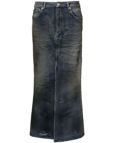 Balenciaga Dark Blue Maxi Skirt With Crinkled Effect With Logo Patch In Cotton Denim Woman - Gray