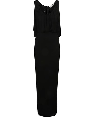 Saint Laurent Ruffle Detail Sleeveless Slim Long Dress - Black