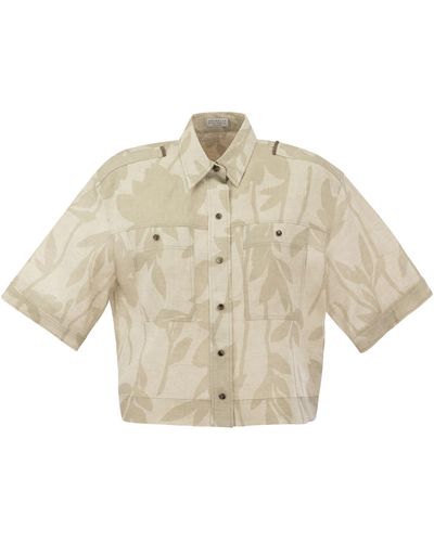 Brunello Cucinelli Ramage Print Linen Shirt With Shiny Tabs - Natural