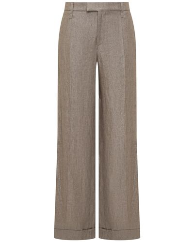 Brunello Cucinelli Loose Flared Pants In Sparkling Twill Linen With Monile - Gray
