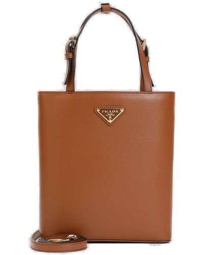 Prada Logo Plaque Top Handle Shoulder Bag - Brown