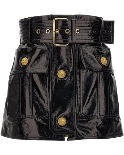 Balmain Belt-up Shiny Leather Skirt Skirts - Black
