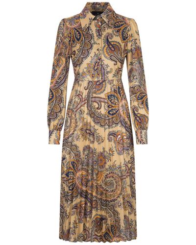 Etro Beige Midi Shirt Dress With Paisley Ramage Motifs - Natural