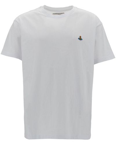 Vivienne Westwood White Crewneck T-shirt With Multicolor Orb Embroidery In Cotton Man - Gray