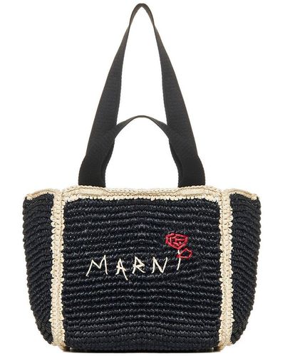 Marni Logo Embroidered Woven Top Handle Tote Bag - Black