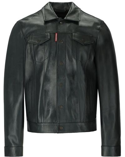 DSquared² Dan Jean Green Leather Jacket - Black