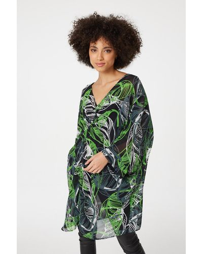Izabel London Leaf Print Sheer Oversize Tunic - Green