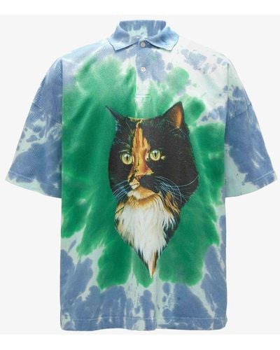 JW Anderson Tie Dye Polo Shirt With Cat Print - Blue