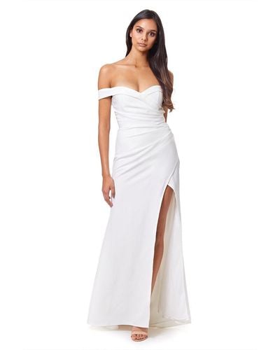 Jarlo Bluebell Bardot Maxi Dress With Thigh Split And Button Back - White