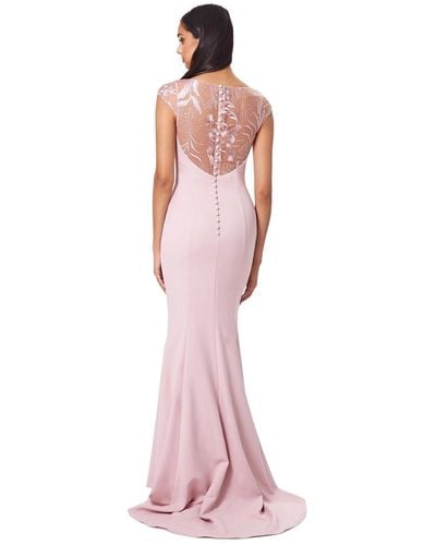 Jarlo Masa Fishtail Maxi Dress With Lace Cap Sleeves And Embroidered Button Back - Pink
