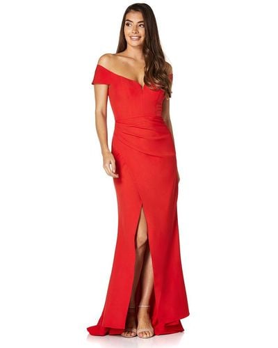 Jarlo Natalia Bardot Maxi Dress With Thigh Split - Red