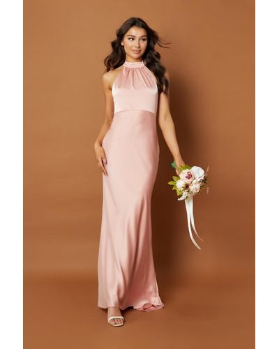 Jarlo Starlette Halter Neck Maxi Dress With Back Tie And Button Back Detail - Pink