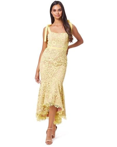 Jarlo Adelaide All Over Lace Midi Dress With Tie Shoulder Straps - Yellow