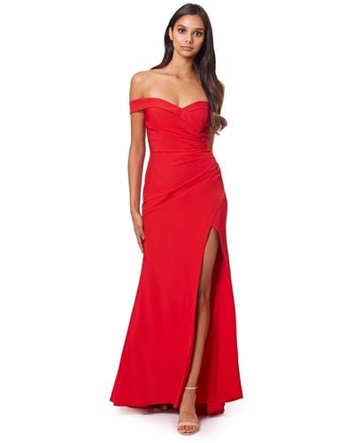 Jarlo Bluebell Bardot Maxi Dress With Thigh Split And Button Back - Red
