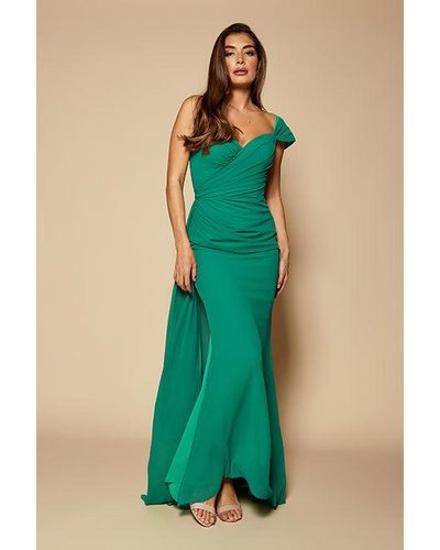 Jarlo Emery Chiffon Ruched Maxi Dress With One Shoulder Sleeve - Green