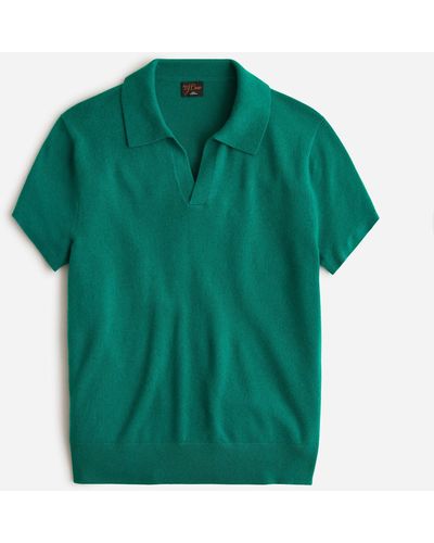 J.Crew Cashmere Short-sleeve Johnny-collar Sweater-polo In Houndstooth - Green