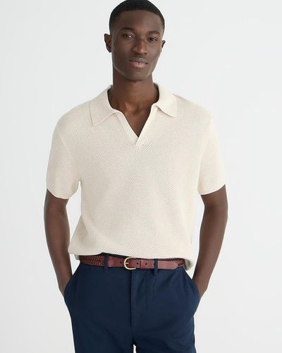 J.Crew Short-Sleeve Cotton Mesh-Stitch Johnny-Collar Sweater-Polo - Natural