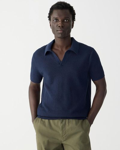 J.Crew Short-Sleeve Cotton Mesh-Stitch Johnny-Collar Sweater-Polo - Blue