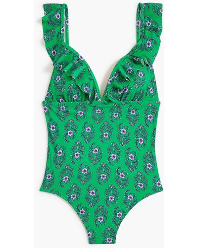 J.Crew Floral Ruffle-shoulder V-neck One-piece Swimsuit - Green