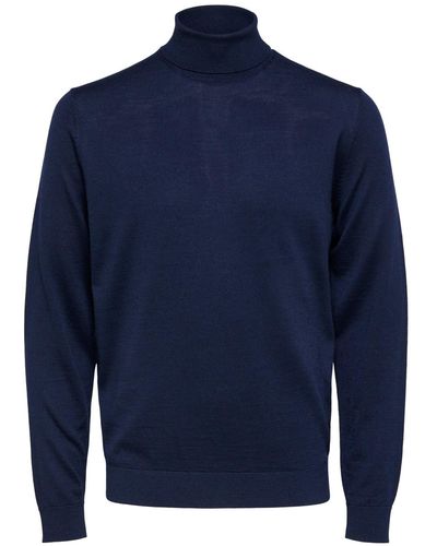 SELECTED Selected Rollkragen Pullover SLHTOWN MERINO COOLMAX Slim Fit - Blau