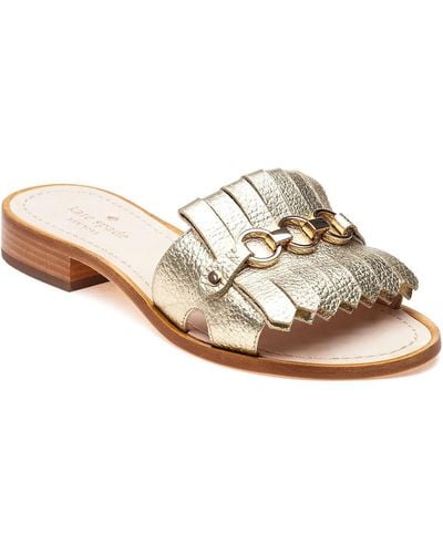 Kate Spade Brie Gold Leather Kiltie Slide Sandals - Metallic