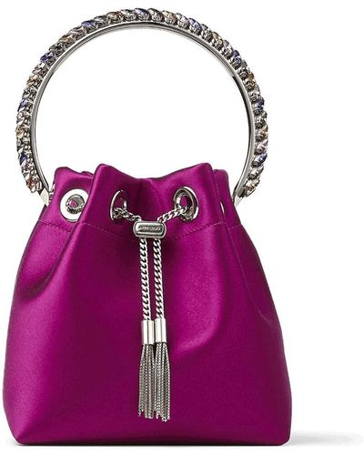 Jimmy Choo Bon Bon Magenta Satin Handbag With Multicolor Crystal Bracelet Top Handle - Purple