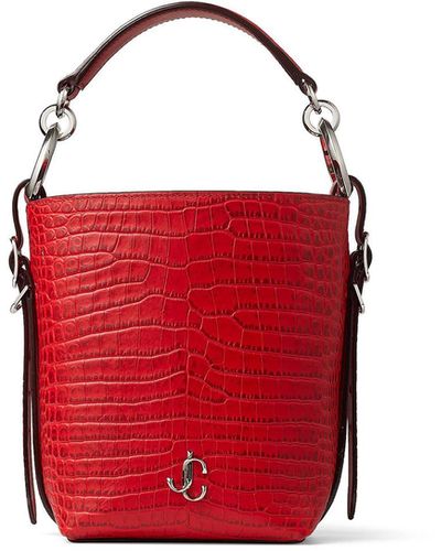 Jimmy Choo Varenne Bucket/s Royal Red Croc Embossed Leather Clutch Bag With Silver Jc Logo