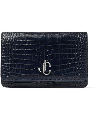 Jimmy Choo Palace Navy Croc-embossed Leather Mini Bag With Jc Emblem - Blue
