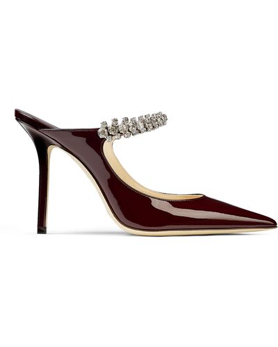 Jimmy Choo Bing 100 Bordeaux Patent Leather Mules With Crystal Strap Bordeaux 34.5 - Red