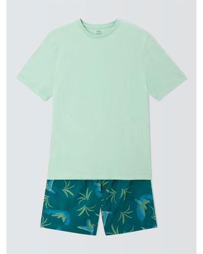 John Lewis Organic Cotton Tropical Parrot Print Shorts Pyjama Set - Green