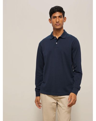 John Lewis Supima Cotton Long Sleeve Jersey Polo Shirt - Blue