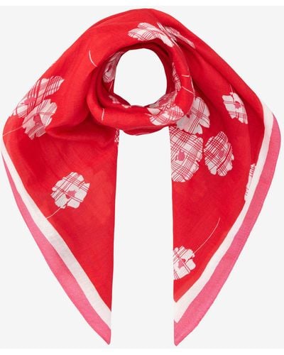 Brora Silk Cotton Blend Graphic Floral Print Square Scarf - Red