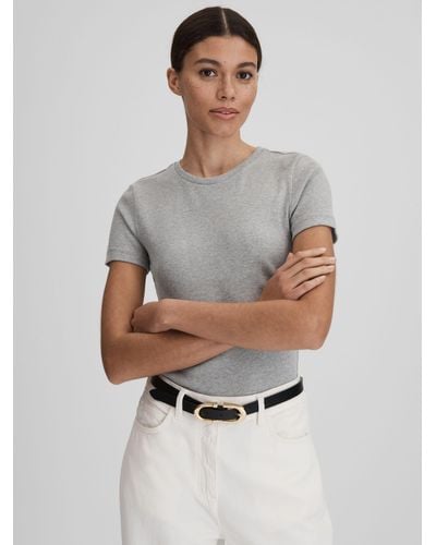 Reiss Victoria Short Sleeve Ribbed Top - Grey
