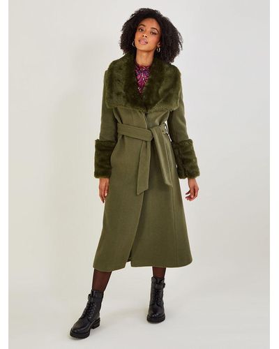 Monsoon Sadie Faux Fur Collar Wool Blend Coat - Green