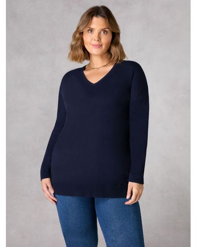 Live Unlimited Relaxed V Neck Knitted Jumper - Blue