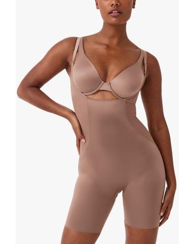 Spanx Shaping Satin Open Bust Mid Thigh Bodysuit - Brown