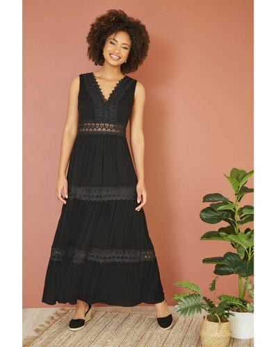 Yumi' Lace Trim Cotton Maxi Sundress - Black