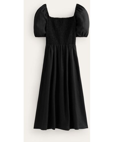 Boden Sky Smocked Linen Midi Dress - Black
