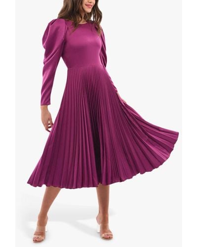 Closet Puff Sleeve Pleated Midi Dress - Purple