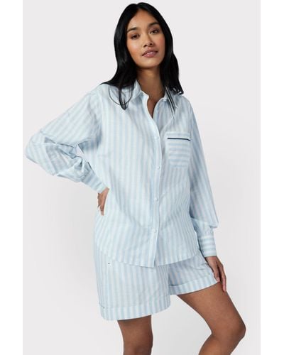 Chelsea Peers Poplin Stripe Long Sleeve Pyjama Shirt - Blue