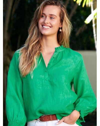 Aspiga Danna Linen Frill Neck Blouse - Green