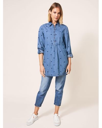 White Stuff Eva Cotton Denim Embroidered Tunic Shirt - Blue