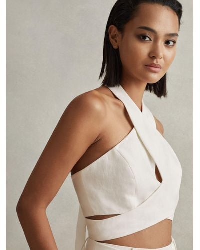 Reiss Abigail Linen Halterneck Crossover Cropped Top - Natural