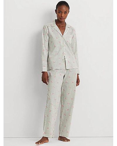 Ralph Lauren Lauren Floral And Stripe Notch Neck Pyjamas - Grey
