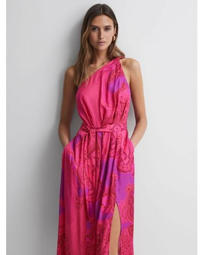 Reiss Mila Abstract Print One Shoulder Midi Dress - Pink